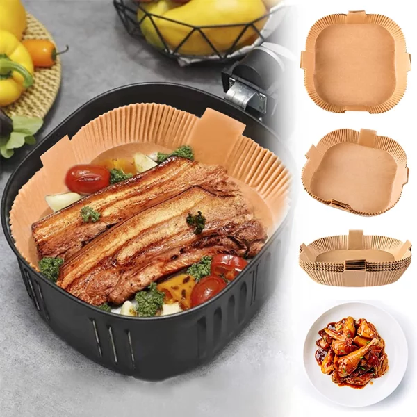 100PCS Air fryer Dispasable Paper Liner Square 7.9inch Non-Stick Parchment Airfryer Liners Oil-Proof Unbleached Baking Paper Basket Tray Rectangular Steamer Cooking Roasting Microwave