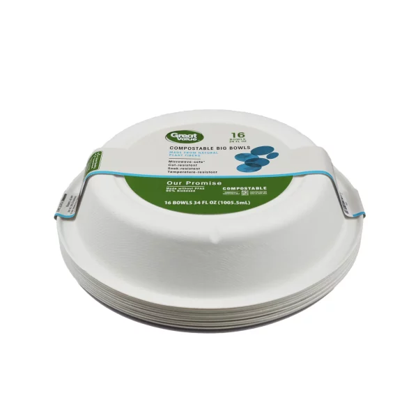 Great Value Compostable, Microwave Safe, Cut Resistent, Soak Resistant, Temperature Resistant, Disposable Paper Bowls, 34 oz, White, 16 Count
