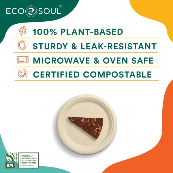ECO SOUL 100% Compostable 6 Inch Bagasse Paper Plates, 100 counts | Heavy-Duty Disposable Appetizer Plates | Eco-Friendly Made of Sugarcane Fibers-Natural Biodegradable Plates