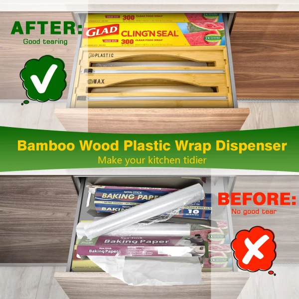 RIOUSERY Foil and Plastic Wrap Organizer, 2 in 1 Plastic Wrap Dispenser with Cutter, Aluminum Foil Organization and Storage Holder, Cling Film Wax Paper Dispenser for Kitchen Drawer for 14" Roll