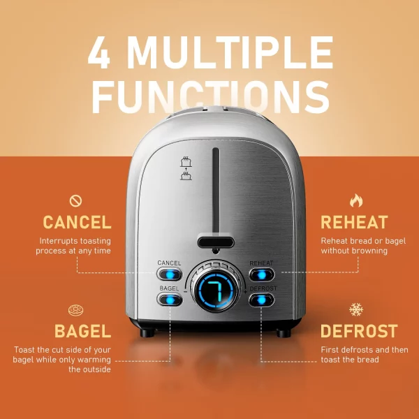 2 Slice Stainless Steel Toaster with Extra-Wide Slot, LED Display 7 Browning Settings, 850 W, Silver