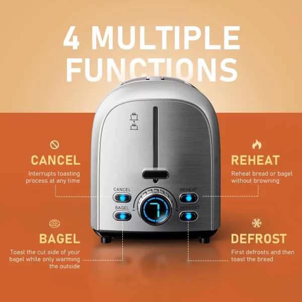 HadinEEon Toaster 2 Slice Stainless Steel 2 Slice Toaster with Extra-wide Slot, LED Display 7 Browning Settings, Bagel, Cancel, Defrost,and Reheat, 850W, 120V, Silver