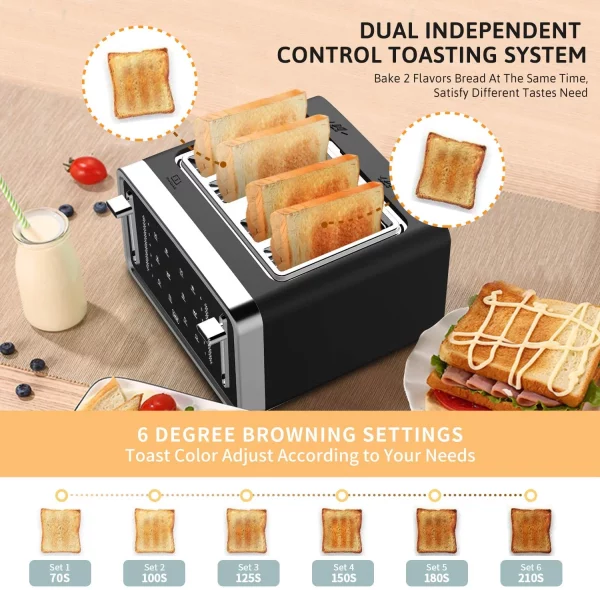 Gevi Toaster 4 Slice Toaster LED Digital Touch Screen Extra-Wide Slots Black + Silver