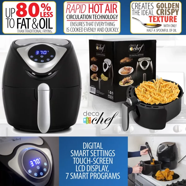 Deco Chef XL 3.7 QT Digital Air Fryer Cooker With 7 Smart Programs ,Preheat & Shake Remind , LED Touch Screen Oil-Less Non-Stick Coated Basket ,Timer Counter Top , Healthy Kitchen Safe Frying Statio