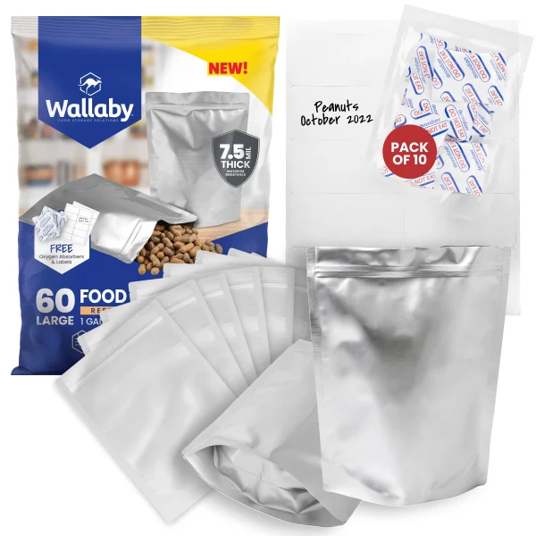 60 Wallaby Stand up Mylar Bags with Zipper Bundle 1 Gallon 7.5 Mil with 60 400cc Food Safe - Silver