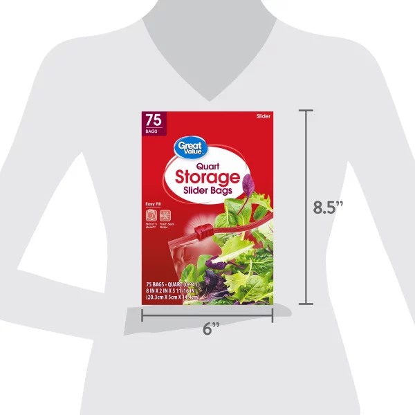 Great Value Fresh Seal Slider Zipper Bags, Quart Storage, 75 Count
