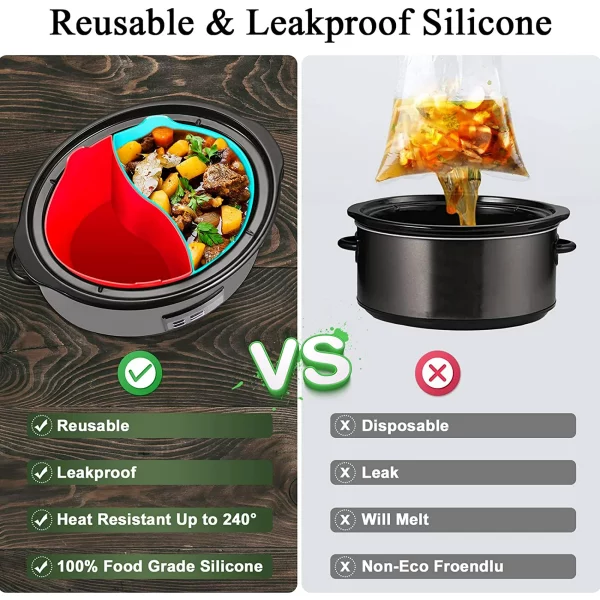 Slow Cooker Divider Liner Reusable & Leakproof Silicone Crockpot Divider insert Cooking Liner for 6 Quart Pot