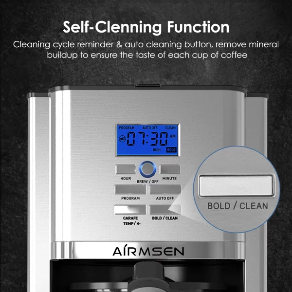 AIRMSEN Stainless Steel 12 Cup Drip Coffee Maker, Programmable Coffee Machine Self-Cleaning