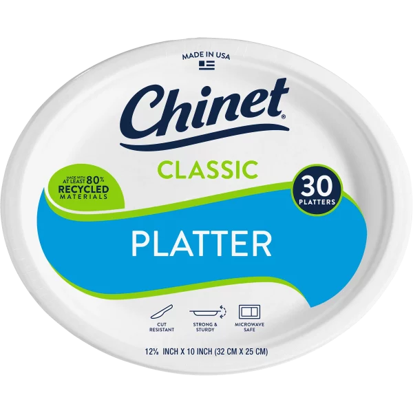 Chinet Classic® Premium Disposable Paper Platters, White, 12 ⅝ x 10", 30 Count
