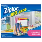 Ziploc® Big Bags, Large, Secure Double Zipper, 5 ct, Expandable Bottom, Heavy-Duty Plastic, Built-In Handles, Flexible Shape to Fit Where Storage Boxes Can't