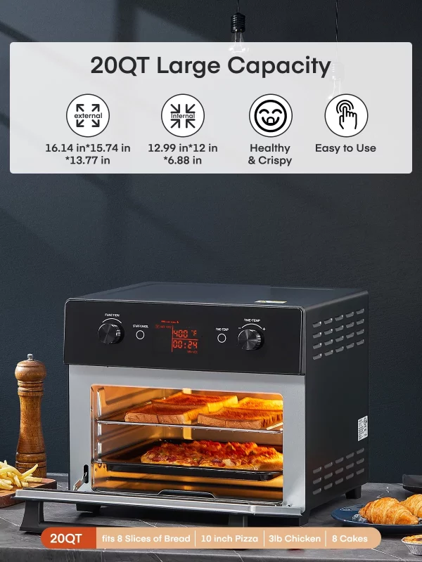 FOHERE Air Fryer Toaster Oven Combo, 20QT Smart Convection Ovens Countertop, 7 Cooking Functions for Roast, Bake, Broil, Air Fry, Free Accessories Included, 1800W