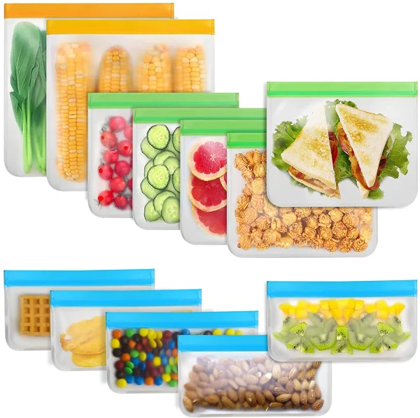 Reusable Food Storage Bags - 12 Count BPA Free Reusable Freezer Bags (2 Gallon & 5 Sandwich & 5 Snack Size Bags) Leak Proof Freezer Safe Bag for Meat Fruit Vegetable
