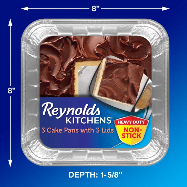 Reynolds Kitchens Bakeware Aluminum Pans with Lids, Blue, 8x8 Inch, 3 Count