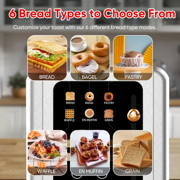 WHALL 2 Slice Touchscreen Toaster - Stainless Steel Toaster with Wide Slot, 6 Shade Settings, Bagel Function, Removable Crumb Tray