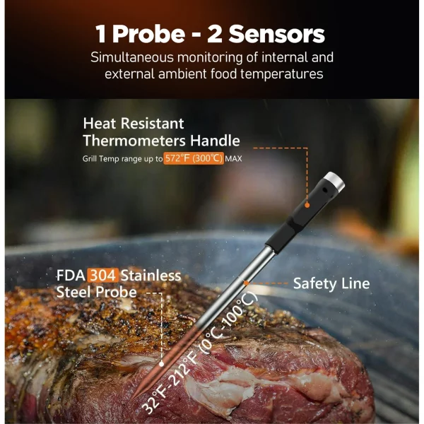 Smart Wireless Meat Thermometer - Bluetooth Digital Food Cooking Thermometer APP Control Kitchen Thermometer for Oven Grill BBQ Smoker