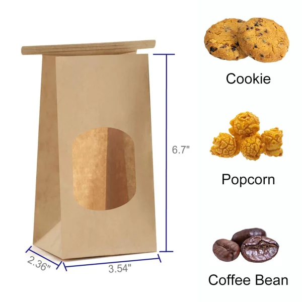 BagDream 50Pcs Brown Bakery Bags with Window, 3.54x2.36x6.7 inches Small Kraft Paper Bags Tin Tie Tab Lock Bags for Cookies, Popcorn, Bread, Party Favors