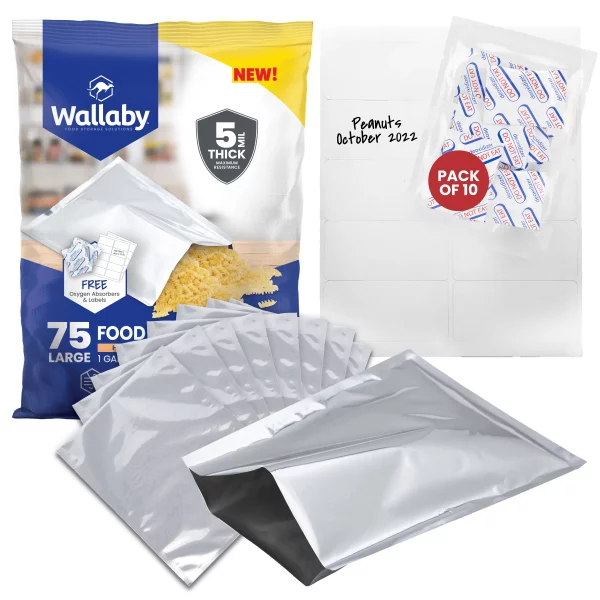 75 Wallaby Mylar Bags Bundle 1 Gallon (5 Mil, 10in x 14in) with 80 400cc Oxygen Absorbers - Silver