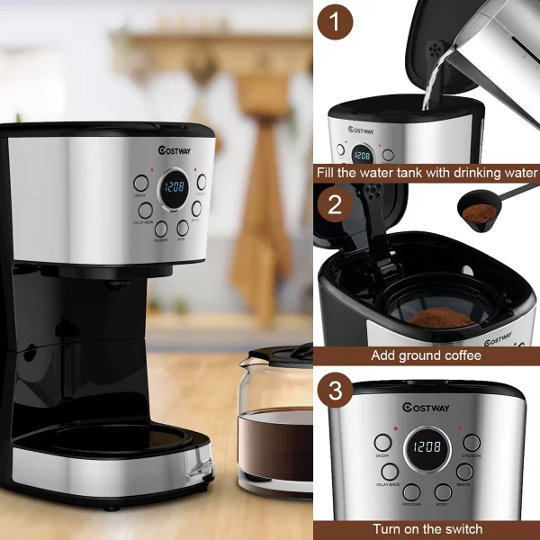 Costway 12-Cup Programmable Coffee Maker Brew Machine LCD Display w/ 1.8L Glass Carafe