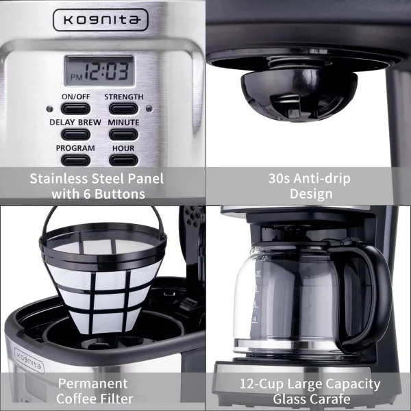 Kognita 12 Cup Coffee Maker, Programmable Coffee Machine & Ice Tea Maker with Glass Carafe, Drip Coffee Pot, Auto Keep Warm, Anti-Drip, 900W Quick Brew, Strength Control, Black and Silver
