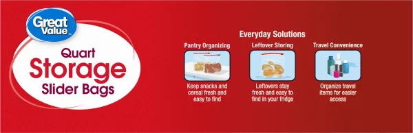 Great Value Fresh Seal Slider Zipper Bags, Quart Storage, 50 Count