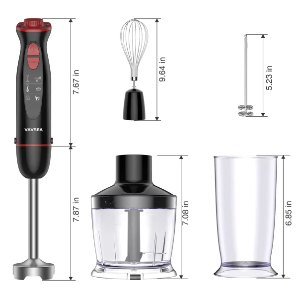 VAVSEA Immersion Hand Blender, 12-Speed Multi-Function Handheld Stick Blender with Stainless Steel Blades, Chopper, Beaker, 600ml, Whisk and Milk Frother for Baby Food/Smoothies/Puree, BPA Free