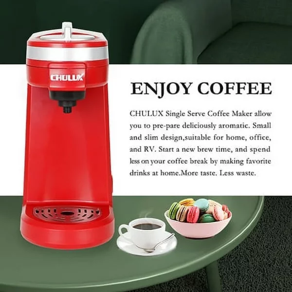 CHULUX Mini Coffee Maker Single Serve, Travel One Cup Pod Coffee Maker for K Cup & Ground Coffee, Coffee Machine with 5 to 12oz Brew Sizes, Red