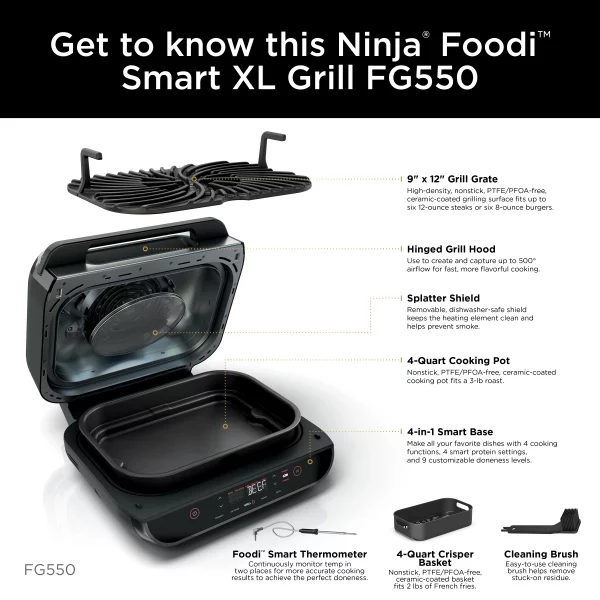 Ninja Foodi Smart XL 4-in-1 Indoor Grill with 4-Quart Air Fryer, Roast, Bake, and Smart Cook System, FG550