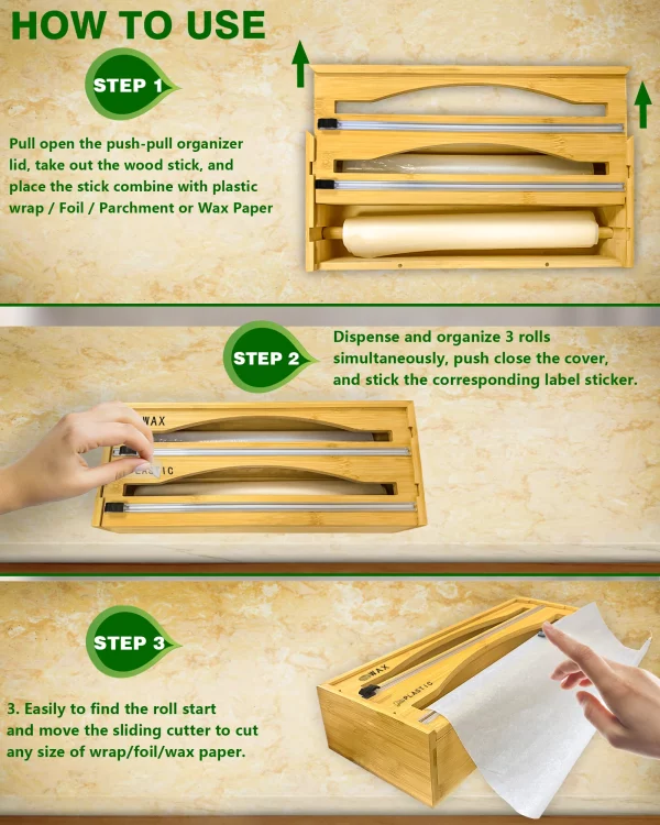 RIOUSERY Foil and Plastic Wrap Organizer, 2 in 1 Plastic Wrap Dispenser with Cutter, Aluminum Foil Organization and Storage Holder, Cling Film Wax Paper Dispenser for Kitchen Drawer for 14" Roll