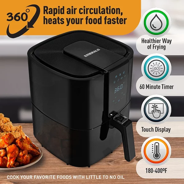 Emerald Air Fryer 1800 Watts with Digital LED Touch Display & Slide Out Pan, Detachable Basket 5.2L Capacity (1804-5.0)