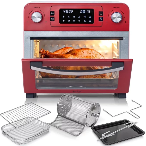 Deco Chef TQAIRRED 24QT Stainless Steel Countertop Toaster Air Fryer Oven with Accessories Red Bundle with 1 Year Extended Protection Plan