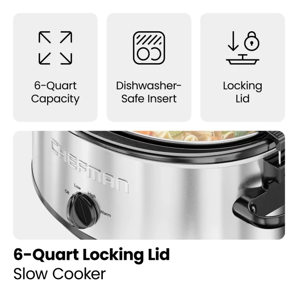 Chefman 6 Qt. Slow Cooker with Locking Lid, Stainless Steel