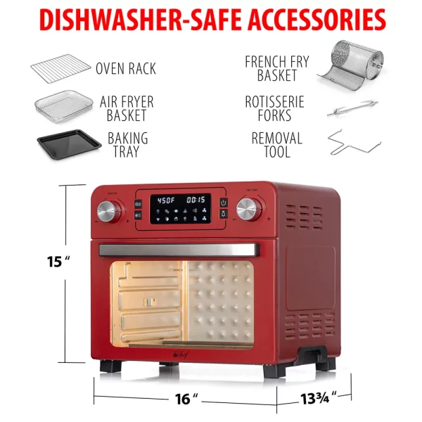 Deco Chef TQAIRRED 24QT Stainless Steel Countertop Toaster Air Fryer Oven with Accessories Red Bundle with 1 Year Extended Protection Plan