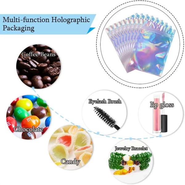 50pcs Holographic Foil Ziplock Bags 6x9 Inch, Small Mylar Sample Bags Aluminum Foil Packaging Plastic Ziplock Bag For Packaging Candy Jewelry Lash Lip Gloss