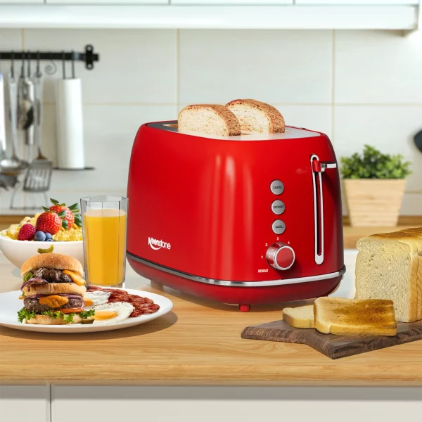Keenstone Toaster, Retro 2 Slice Stainless Steel Toaster with Cancel, Defrost Fuction for Bread, Bagel, Wide Slots Revolution Toasters, Kitchen Appliances, Apartment Essentials Must Haves - Red