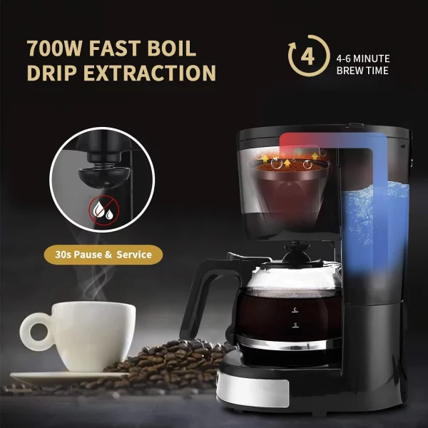 Gevi 4-Cup Coffee Maker with Auto-Shut off, Cone Filter, Stainless Steel Finish, 600ml