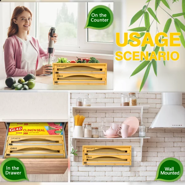 RIOUSERY Foil and Plastic Wrap Organizer, 2 in 1 Plastic Wrap Dispenser with Cutter, Aluminum Foil Organization and Storage Holder, Cling Film Wax Paper Dispenser for Kitchen Drawer for 14" Roll