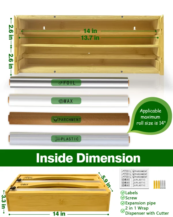 RIOUSERY Foil and Plastic Wrap Organizer, 2 in 1 Plastic Wrap Dispenser with Cutter, Aluminum Foil Organization and Storage Holder, Cling Film Wax Paper Dispenser for Kitchen Drawer for 14" Roll