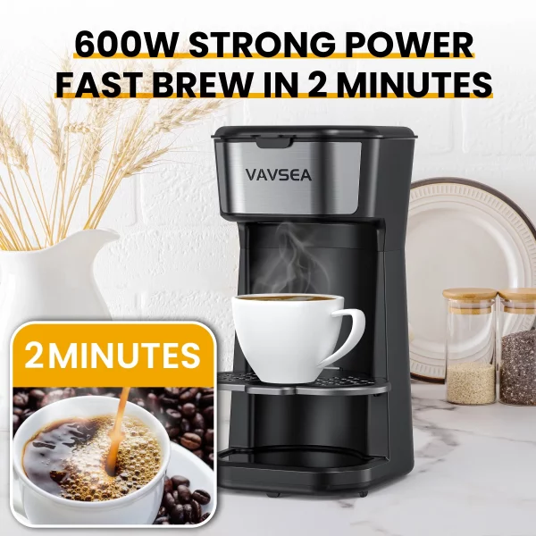 VAVSEA Single-Serve Coffee Maker Brewer 14Oz with Thermal Travel Mug and Reusable Filter, 600W Personal Coffeemaker for Ground Coffee