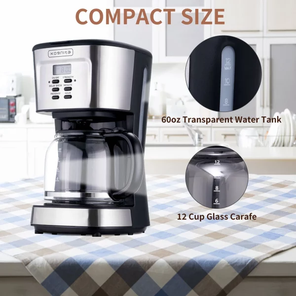 Kognita 12 Cup Coffee Maker, Programmable Coffee Machine & Ice Tea Maker with Glass Carafe, Drip Coffee Pot, Auto Keep Warm, Anti-Drip, 900W Quick Brew, Strength Control, Black and Silver