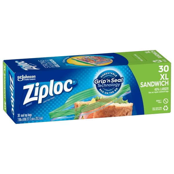 Ziploc Brand Sandwich Bags XL with Grip 'n Seal Technology, 30 Count