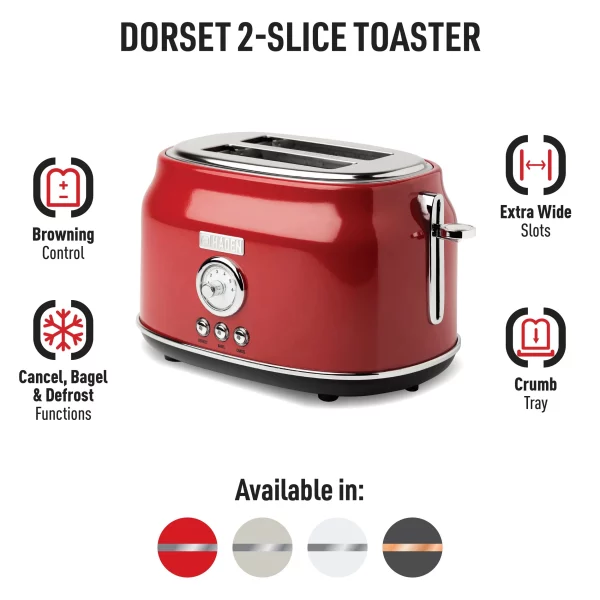 HADEN Dorset 2-Slice Wide Slot Stainless Steel Retro Toaster, Red