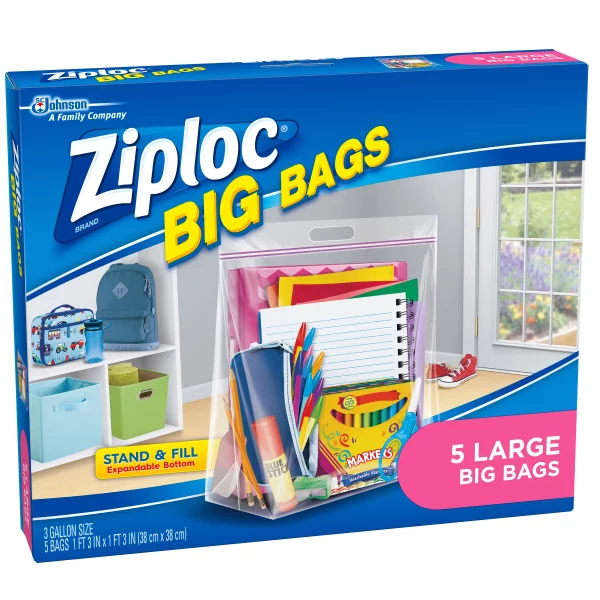 Ziploc® Big Bags, Large, Secure Double Zipper, 5 ct, Expandable Bottom, Heavy-Duty Plastic, Built-In Handles, Flexible Shape to Fit Where Storage Boxes Can't