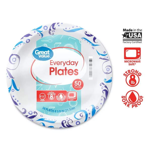 Great Value Everyday Strong, Soak Proof, Microwave Safe, Disposable Paper Plates, 10", Patterned, 200 Count