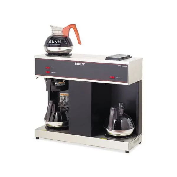 This pour-over coffee brewer is completely portable and requires no plumbing. It features a separate controlled warmer and is NSF Certified. Decanters not included. Coffee Brewer, 3 Warmers Stainless steel construction of internal components Three separately controlled warmers Stylish black decor SplashGard filter basket deflects hot liquids away from the hand Brewing capacity of appro