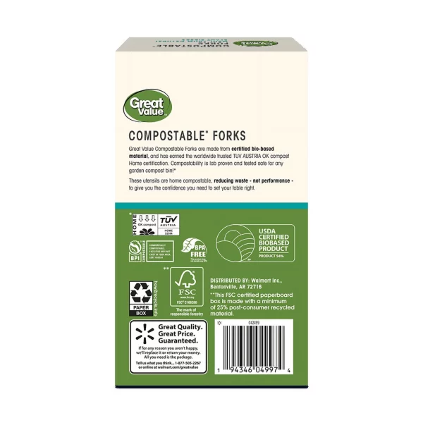 Great Value Disposable Compostable Forks, Beige, 24 Count