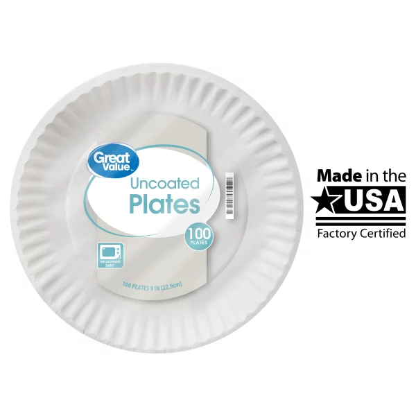 Great Value Uncoated, Microwave Safe, Disposable Paper Plates, 9", White, 100 Count