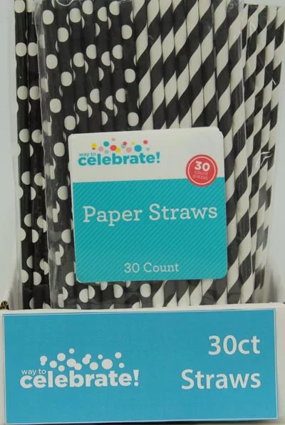 Way to Celebrate! Black Polka Dot & Striped Paper Straws, 30ct