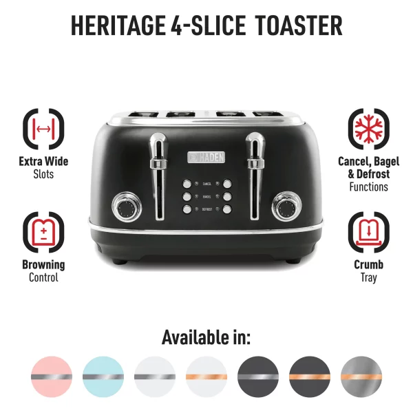 Haden Heritage 4-Slice Wide Slot Toaster, Black / Chrome - 75096