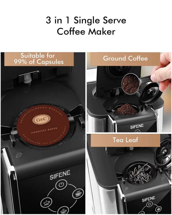 SIFENE Single Serve Coffee Maker, 3 in 1 Coffee Machine, Personal K-Pod Capsule Brewer for Ground Coffee & Loose Leaf Tea, 50oz Removable Water Reservoir, Black