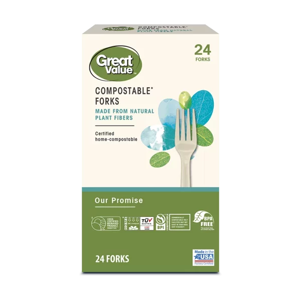 Great Value Disposable Compostable Forks, Beige, 24 Count